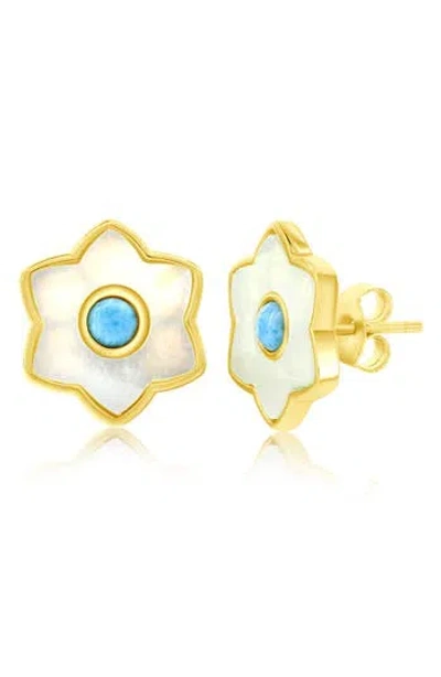 Simona Larimar & Mother-of-pearl Flower Stud Earrings In Multi