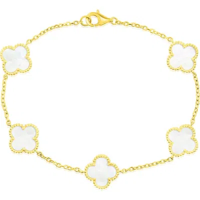 Simona Mother-of-pearl Clover Milgrain Halo Station Bracelet In Gold