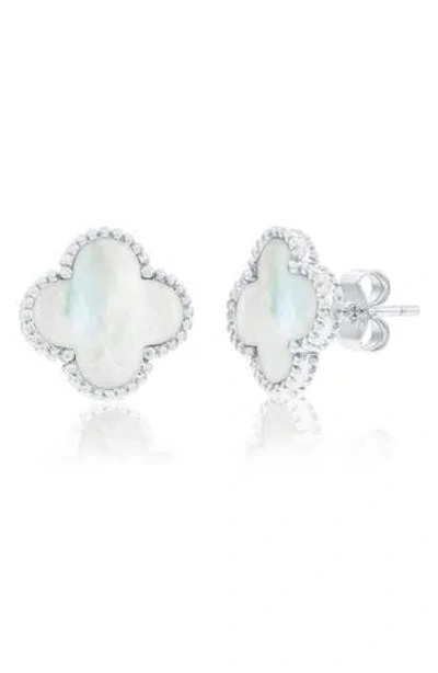 Simona Mother-of-pearl Clover Milgrain Halo Stud Earrings In Metallic