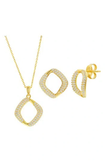 Simona Pavé Cubic Zirconia Cushion Stud Earrings & Pendant Necklace Set In Gold