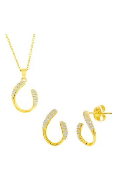 Simona Pavé Cubic Zirconia Hook Stud Earrings & Pendant Necklace Set In Gold