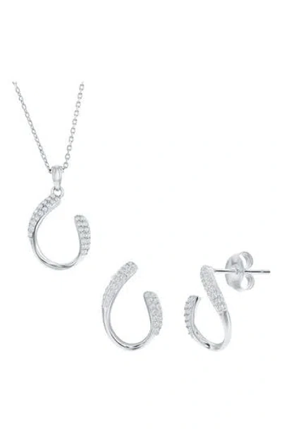 Simona Pavé Cubic Zirconia Hook Stud Earrings & Pendant Necklace Set In Metallic