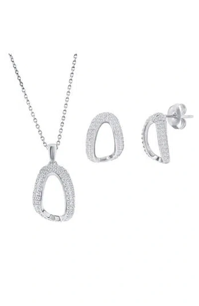 Simona Pavé Cubic Zirconia Oval Stud Earrings & Pendant Necklace Set In Metallic