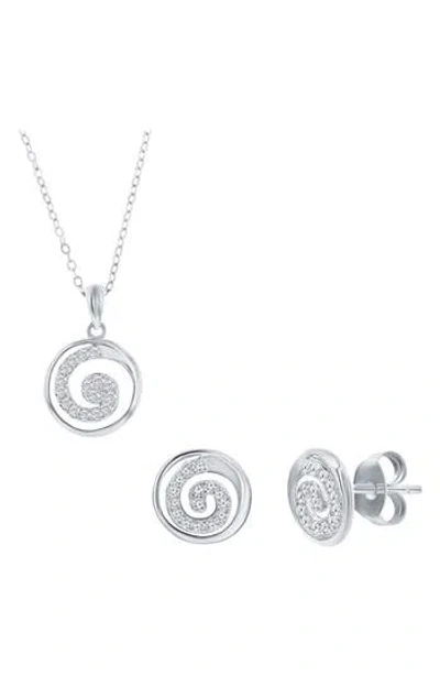 Simona Pavé Cubic Zirconia Swirl Stud Earrings & Necklace Set In Metallic