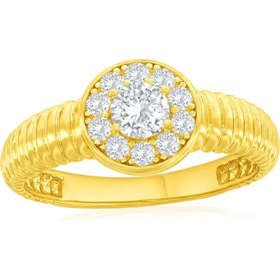 Simona Round Halo Cubic Zirconia Ribbed Ring In Gold