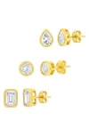 Simona Set Of 3 Cubic Zirconia Stud Earrings In Gold