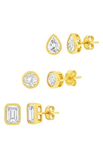 Simona Set Of 3 Cubic Zirconia Stud Earrings In Gold