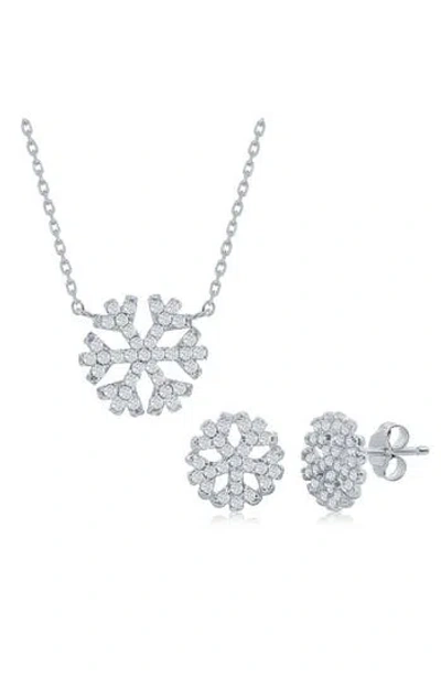 Simona Snowflake Cubic Zirconia Pendant Necklace & Stud Earrings Set In Silver