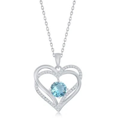 Simona Sterling Silver Double Heart Cz Pendant W/chain In Blue