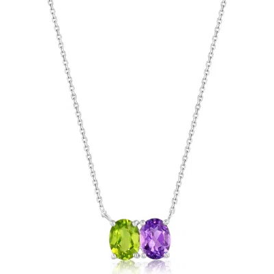 Simona Sterling Silver Double Oval Pendant Necklace In Peridot / Amethyst