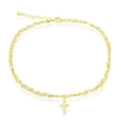 Simona Sterling Silver Double Strand Mirror Chain W/ Cross Charm Anklet - Gold Plated