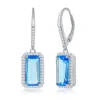 Simona Sterling Silver Emerald-cut Cz With Halo Earrings In Blue