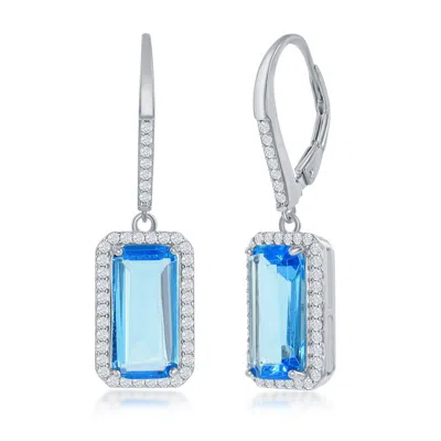 Simona Sterling Silver Emerald-cut Cz With Halo Earrings In Blue