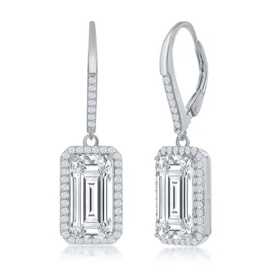 Simona Sterling Silver Emerald-cut Cz With Halo Earrings In White