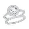 Simona Sterling Silver French Set Round Halo Eternity Band And Cz Engagement Ring Set In Silver