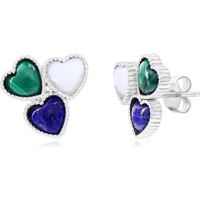 Simona Sterling Silver Heart Cluster Stud Earrings In Lapis/mop/malachite