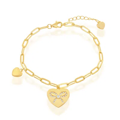 Simona Sterling Silver Heart With Cz Ribbon Paperclip Bracelet In Gold