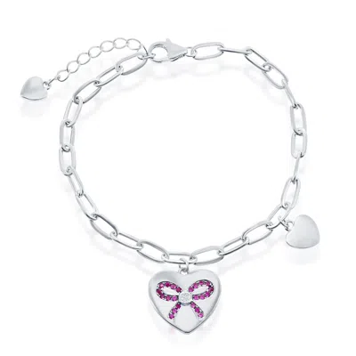Simona Sterling Silver Heart With Ruby Cz Ribbon Paperclip Bracelet In Purple