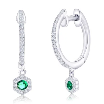 Simona Sterling Silver, Lab-grown Emerald Hexagon Charm And Natural Diamond Huggies -0.31ct In Green