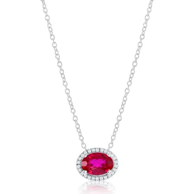 Simona Sterling Silver Lab Grown Gemstone & Diamond Halo Pendant Necklace In Metallic