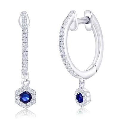 Simona Sterling Silver, Lab-grown Sapphire Hexagon Charm & Natural Diamond Huggies In Blue