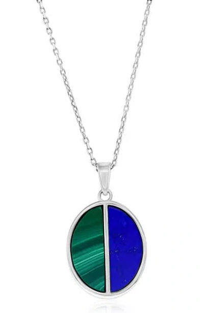 Simona Sterling Silver Malachite & Lapis Lazuli Oval Pendant Necklace