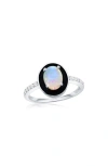 Simona Sterling Silver Oval Cut Opal & Pavé Cz Ring In White Opal/ Black/ Silver
