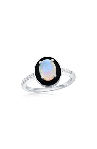 Simona Sterling Silver Oval Cut Opal & Pavé Cz Ring In White Opal/ Black/ Silver