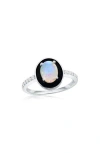 Simona Sterling Silver Oval Cut Opal & Pavé Cz Ring In White Opal/black/silver