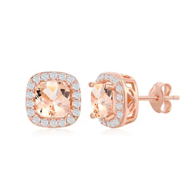 Simona Sterling Silver Square Morganite Cz With White Cz Border Earrings - Rose Gold Plated