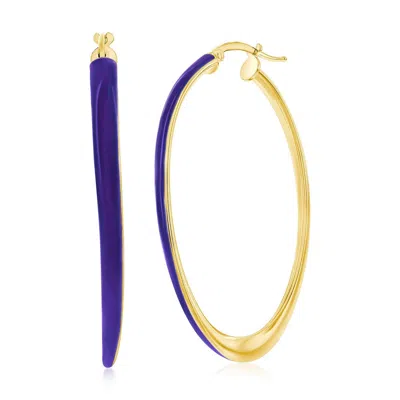 Simona Sterling Siver, Meadow Violet Enamel Oval Hoop Earrings - Gold Plated In Blue
