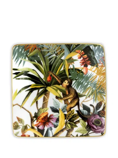 Simone Guidarelli Home Jungle Floral Monkey Porcelain Tray In Multi