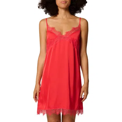 Simone Perele Lace Trim Satin Chemise In Red