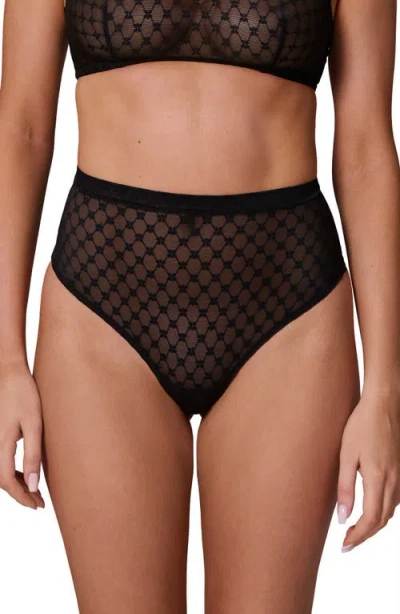 Simone Perele Plume Embroidered High Waist Shaping Thong In Black