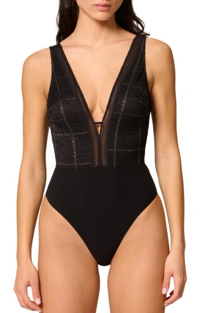Simone Perele Plunge Lace Trim Bodysuit In Black