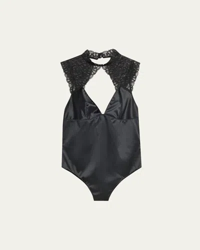 Simone Perele Symphonie Embroidered-trim Satin Bodysuit In Black