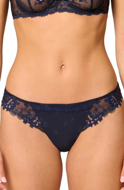Simone Perele 'wish' Embroidered Tanga Thong In Blue