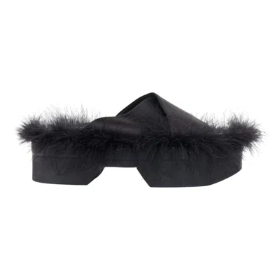 Pre-owned Simone Rocha 2019 Black Satin Feather Trim Crossover Chunky Platform Slides Eu38