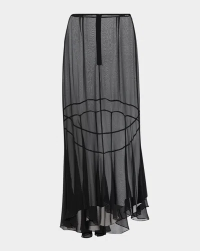 Simone Rocha Asymmetric Flare Sheer Silk Midi Skirt In Black