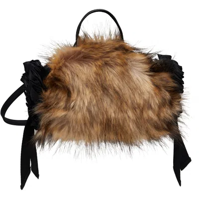 Simone Rocha Beige Embellished Mini Faux Fur Double Ribbon Rosette Bag In Brown/black