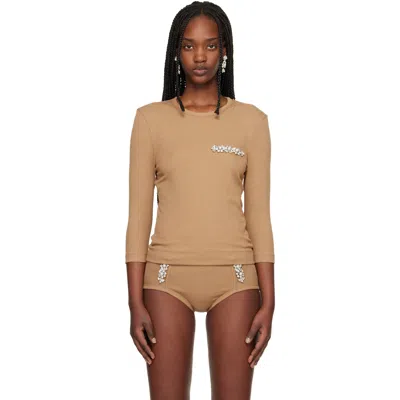 Simone Rocha Beige Embellished Underpinning T-shirt In Brown