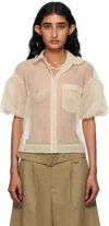 Simone Rocha Beige Sheer Cropped Bow Puff Sleeve Shirt In Nude