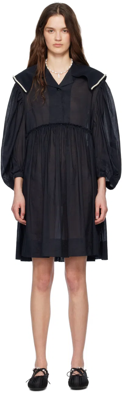 Simone Rocha Black Beaded Sailor Collar Shirt Minidress In Black/pearl