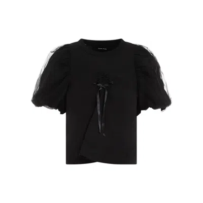 SIMONE ROCHA BLACK COTTON CROPPED RUCHED BOW T-SHIRT