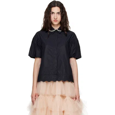 Simone Rocha Black Cropped Puff Sleeve Lace Trim Shirt In Black/pearl