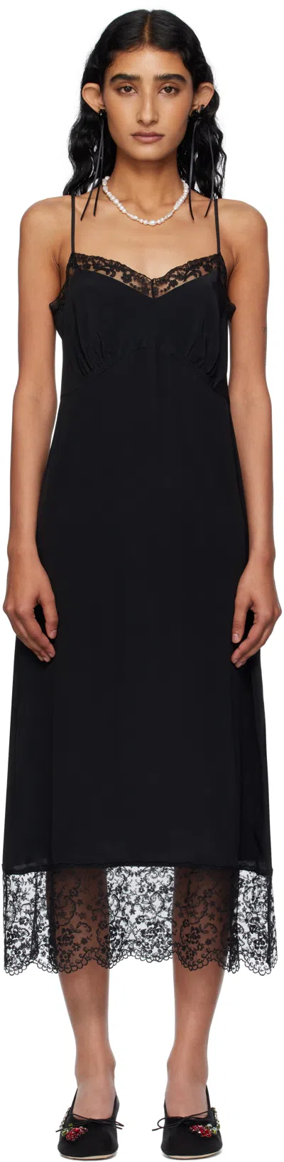 Simone Rocha Black Deep Lace Trim Slip Midi Dress
