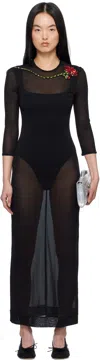 Simone Rocha Black Embellished Carnation Fitted Mesh Maxi Dress In Black/black/red Mult