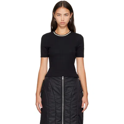 Simone Rocha Black Embellished Cropped Pointelle T-shirt In Black/pearl