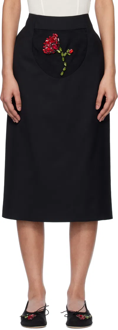 SIMONE ROCHA BLACK EMBELLISHED FLOWER PEEK-A-BOO MIDI SKIRT