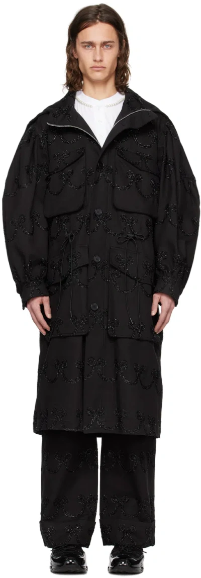 Simone Rocha Black Embroidered Denim Coat In Black/black